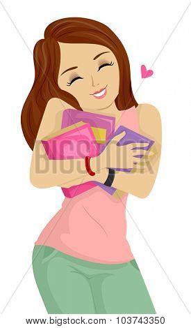 Illustration of a Teenage Girl Hugging Her Books Happily