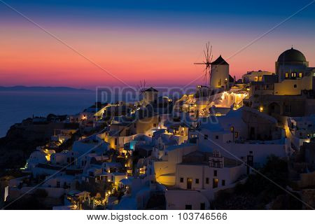 Lights of Oia village at night.