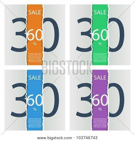 Set of sale posters with percent discount. Torn paper.