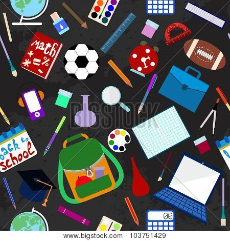 Back to school. School supplies seamless pattern. Flat design.