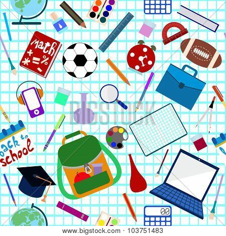 Back to school. School supplies seamless pattern. Flat design.