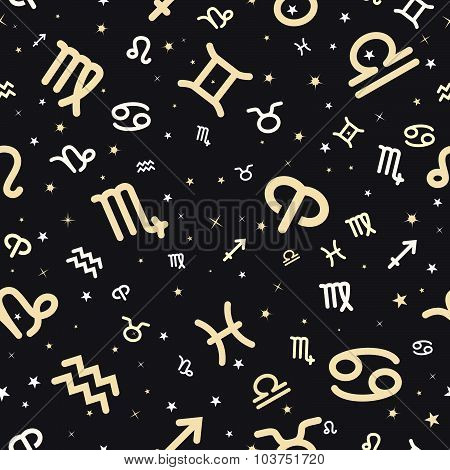 Zodiac signs. Flat design. Seamless pattern of the zodiac signs.
