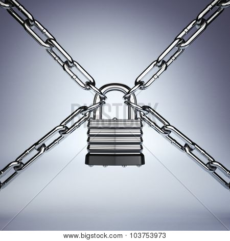 Security concept. Lock and chain. Under protection. 3d