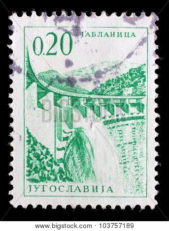 YUGOSLAVIA - CIRCA 1966: Stamp printed in Yugoslavia shows a Hydroelectric works, Jablanica, with the same inscription, from series 