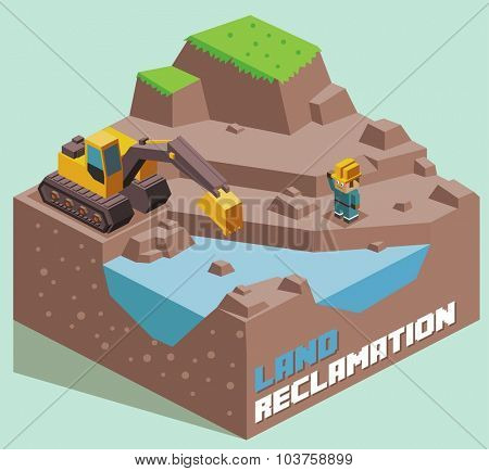 Land Reclamation expanding. Isometric vector illustration
