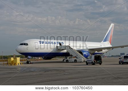 ST. PETERSBURG, RUSSIA - SEPTEMBER 24, 2015: Airplane of Transaero in the Pulkovo airport. Transaero is the largest Russian private airline
