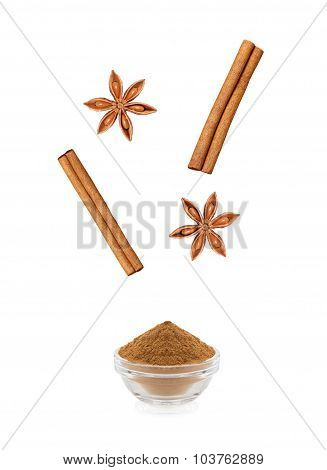 Cinnamon and anise/badiana isolated on white background