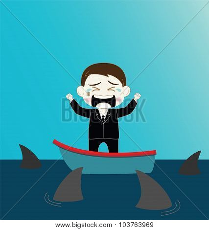 Scared Businessman On Boat Surrounded By Shark