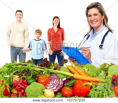 Doctor with vegetables and family. Healthy diet and nutrition.