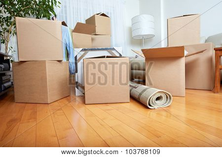 Moving boxes in new apartment. Real estate concept.