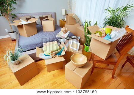 Moving boxes in new house. Real estate concept.