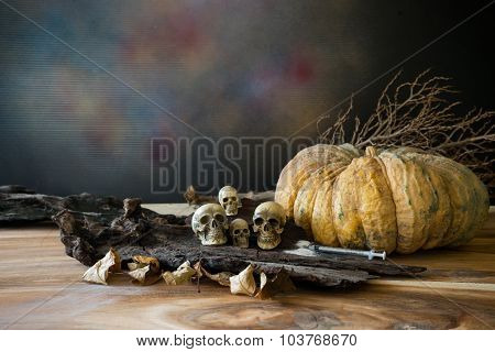 Still Life, Awesome Pile Of Skull Put On The Rod With A Pumpkin
