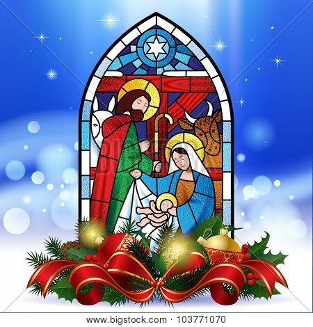 Stained glass window depicting Christmas scene against a luminescent blue background with decorations. Christmas greeting card. Vector illustration