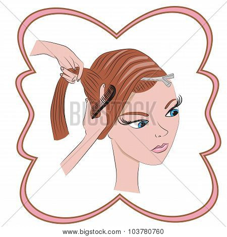 beautiful blonde girl does her hair in Barber shop
