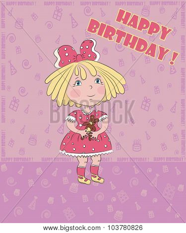 little girl with bear celebrates birthday