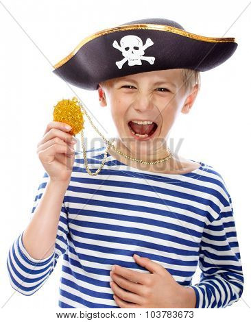 Close up portrait of angry pirate shouting. Isolated on white background