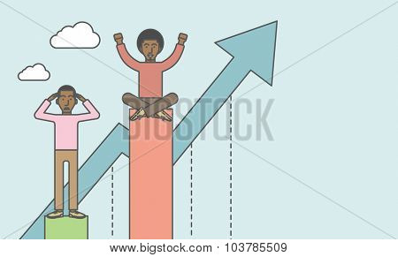 Happy businessman sits on top bar while upset businessman stands in bottom. Rivalry concept. Vector line design illustration. Horizontal layout with a text space.