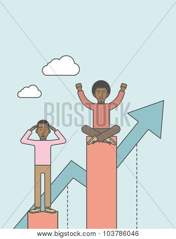 Happy businessman sits on top bar while upset businessman stands in bottom. Rivalry concept. Vector line design illustration. Vertical layout with a text space.