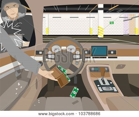 Thief steals underground parking purse out of the car without the alarm. Vector illustration