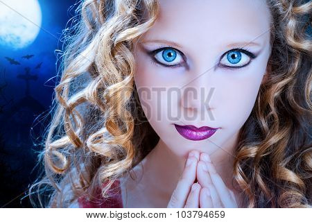 Girl With Ice Blue Eyes At Halloween.