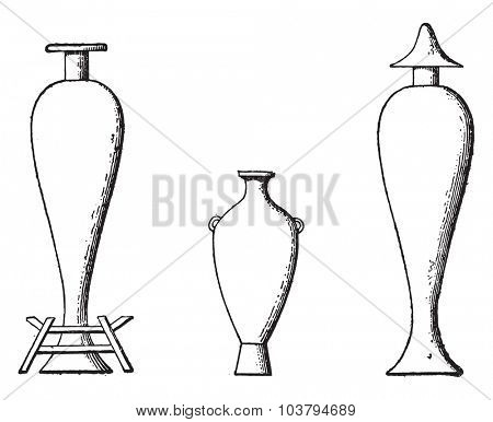 Oil amphorae, vintage engraved illustration.