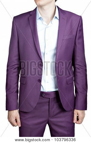 Purple Mens Wedding Costume, Blazer And Trousers, Isolated On White.