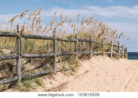 Fence on Pathway to Beach with Grass and Dunes