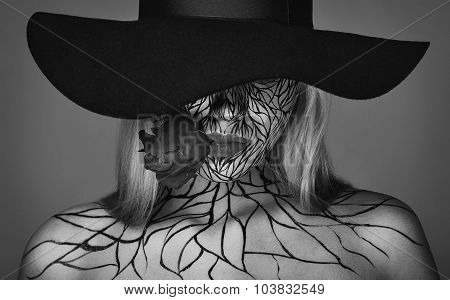 fashion portrait of girl with faceart and red lips