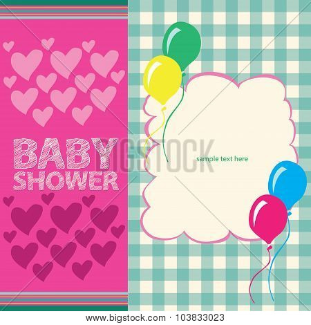 Baby Shower Born Greeting Card with hearts and balloons. Vector Illustration