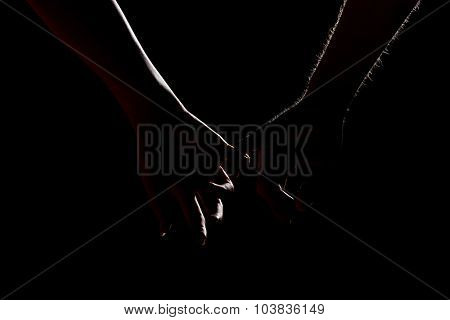 Woman's and man's hands together.