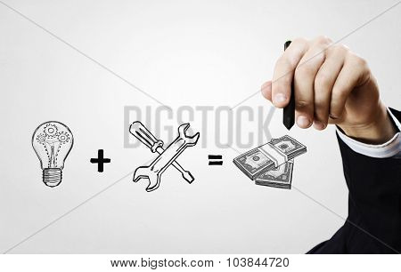 Close up of businessman drawing money making formula