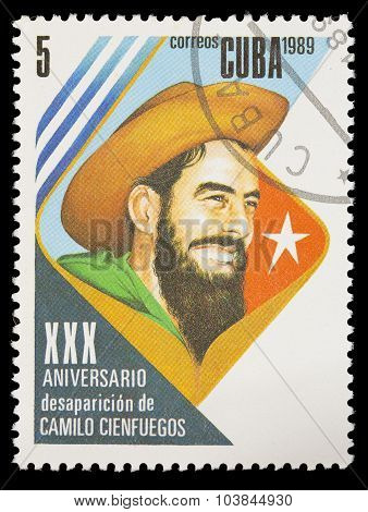 Postage Stamp Printed In Cuba Shows The Cuban Revolution With The Portrait Of Camilo Cienfuegos