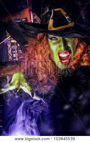 Fairy wicked witch in the wizarding lair. Magic. Halloween.
