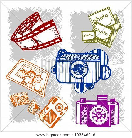 Retro photo camera set in vector