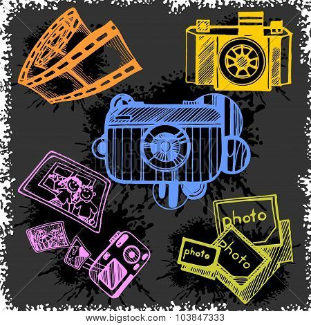 Retro photo camera set in vector