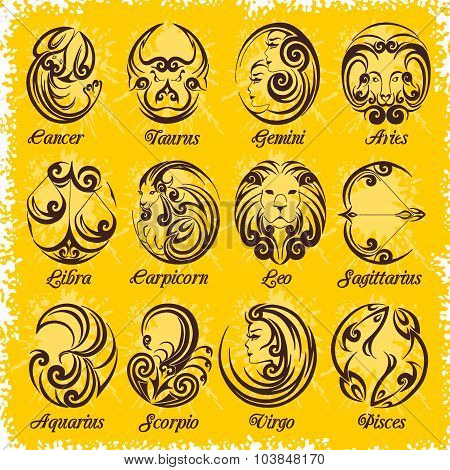 Zodiac signs and icons. Vector illustration.