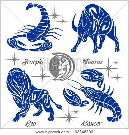 Zodiac signs and icons. Vector illustration.