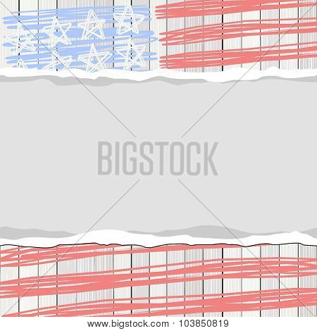 White Wooden Floor Vertical Fence With American Flag Stars Stripes And Blank Horizontal Torn Paper 4
