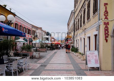 Shkoder, Albania, September, 27, 2015: The pedestrian street in the center of Shkoder - the city located at border with Montenegro