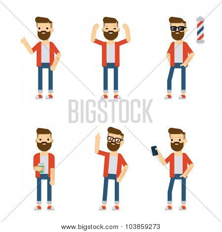 Set of vector flat style characters: hipster guy in different static poses.