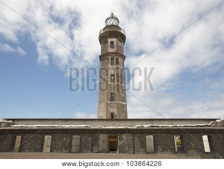 Antique Stone Lighthouse In Ponta Dos Capelinhos. Faial Island, Azores