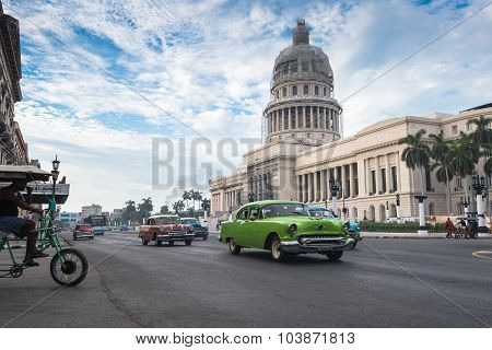 Classic American Car And Capitolio Landmark In Havana,cuba