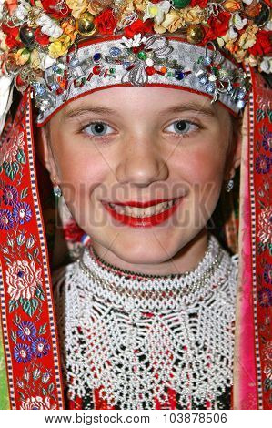 ZAPRESIC, CROATIA - NOVEMBER 17, 2007: Little girl's portrait in Croatian national costume