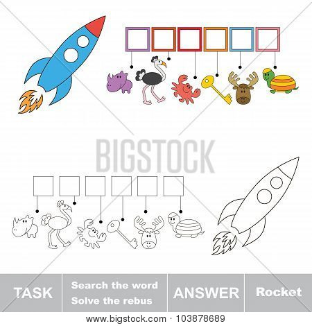 Vector game. Find hidden word rocket. Search the word.