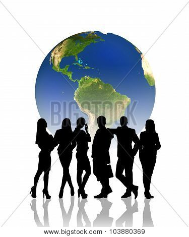 People silhouettes in front of the globe