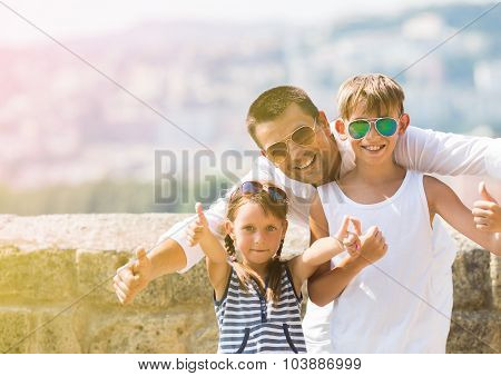 Family, vacation, tourism, people concept. Family portrait