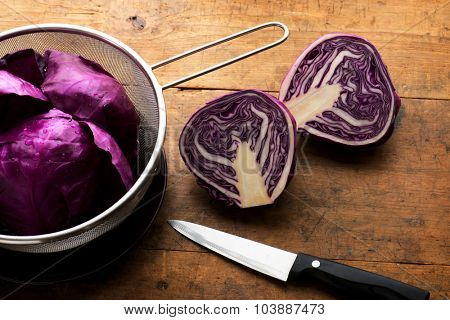 Red cabbage. Preparing and cutting red cabbage for cooking.