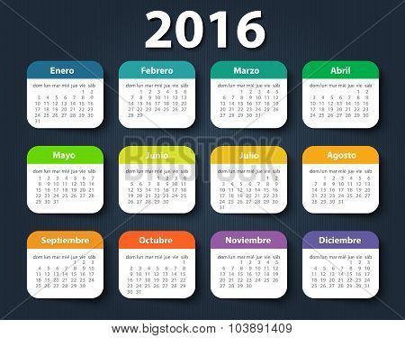 Calendar 2016 year vector design template in Spanish.