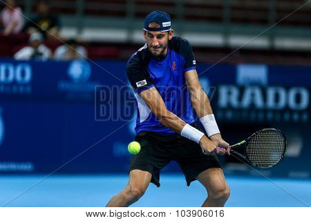 KUALA LUMPUR, MALAYSIA - SEPTEMBER 26, 2015: Luca Vanni of Italy plays his qualifying match in the Malaysian Open 2015 Tennis tournament held at the Putra Stadium, Malaysia.