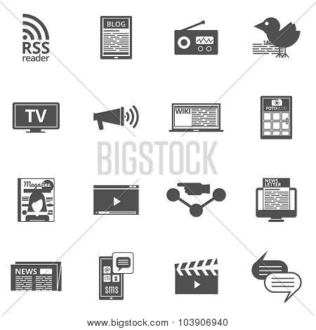 Mass media black icons set